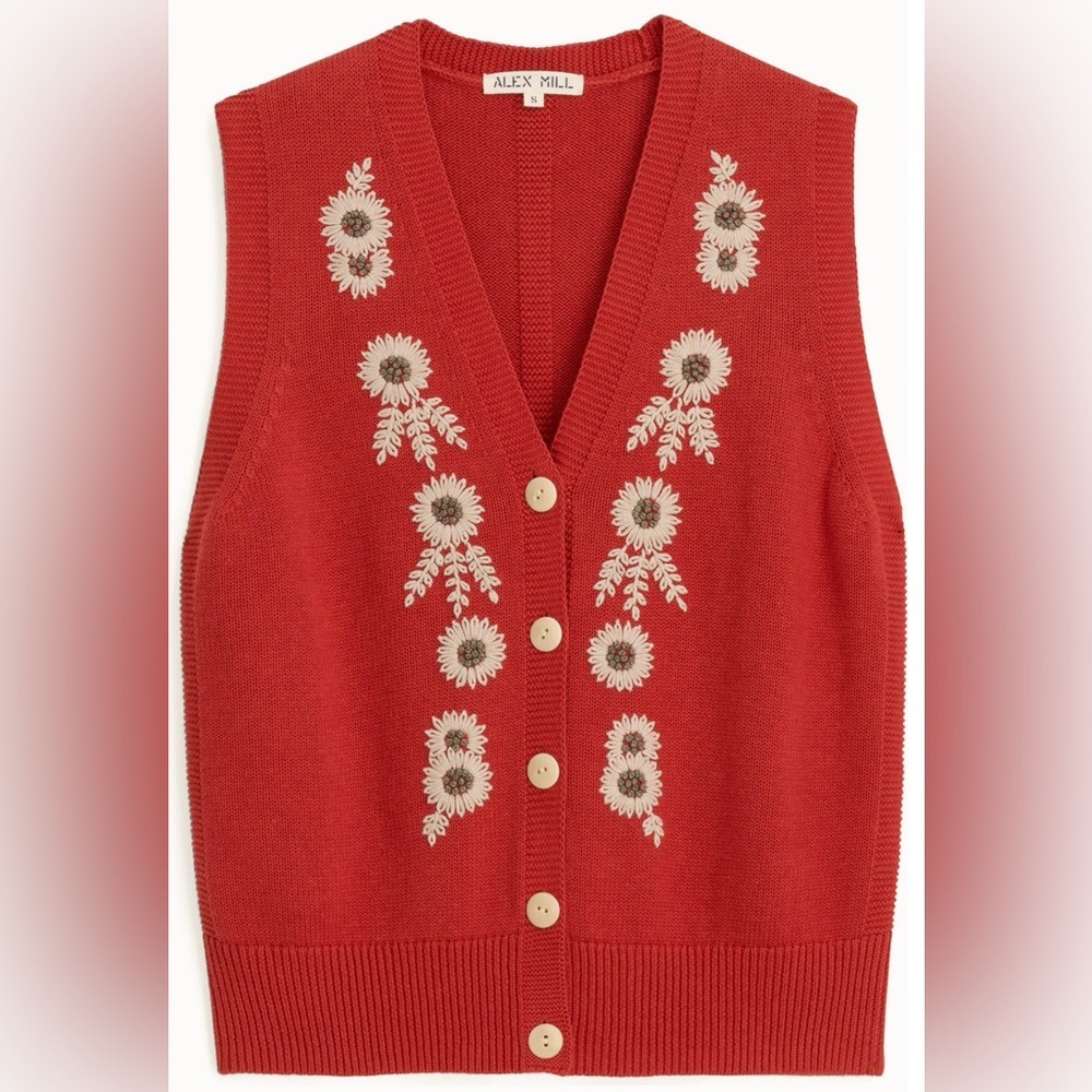 Alex Mill Red Floral Embroidered Button Front Vest